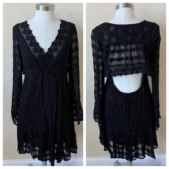 Free People lace trim gauze open back dress 958 - Picture 3 of 15